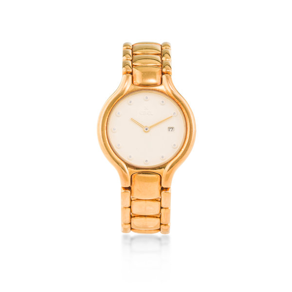 Ebel - An 18K gold lady's watch with date, diamond-set numerals, and ...