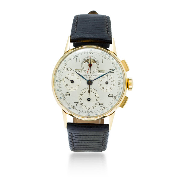 - Universal Genève. A 14K gold chronograph wristwatch with calendar and ...