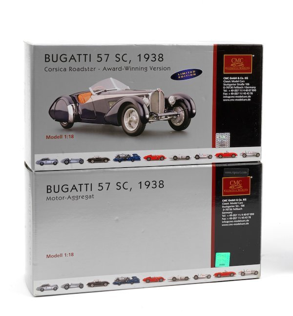 Two boxed 1:18 scale models of a 1938 Bugatti Type 57 SC and engine, by CMC  Models of Germany | Classic Driver Market